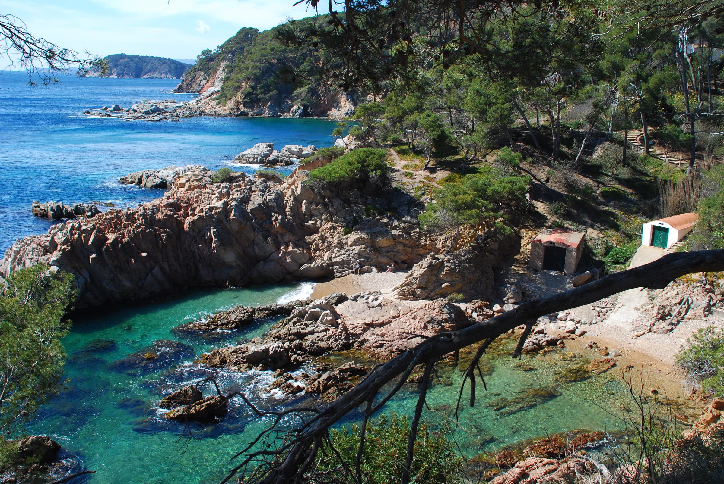 Vista de una cala rocosa junto a Palamós, con una caseta de pescadores tradicional al pie del pinar