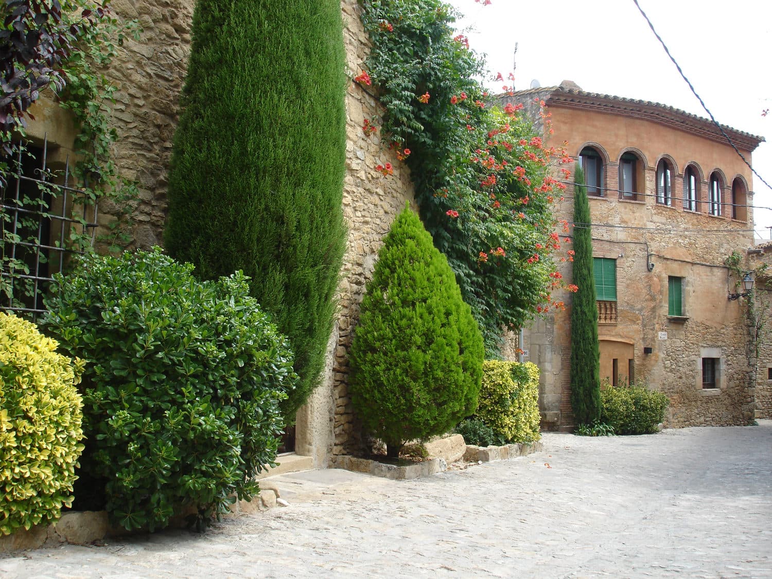 Una calle de piedra de Peratallada con altos cipreses junto a una casa medieval, bajo un cielo despejado