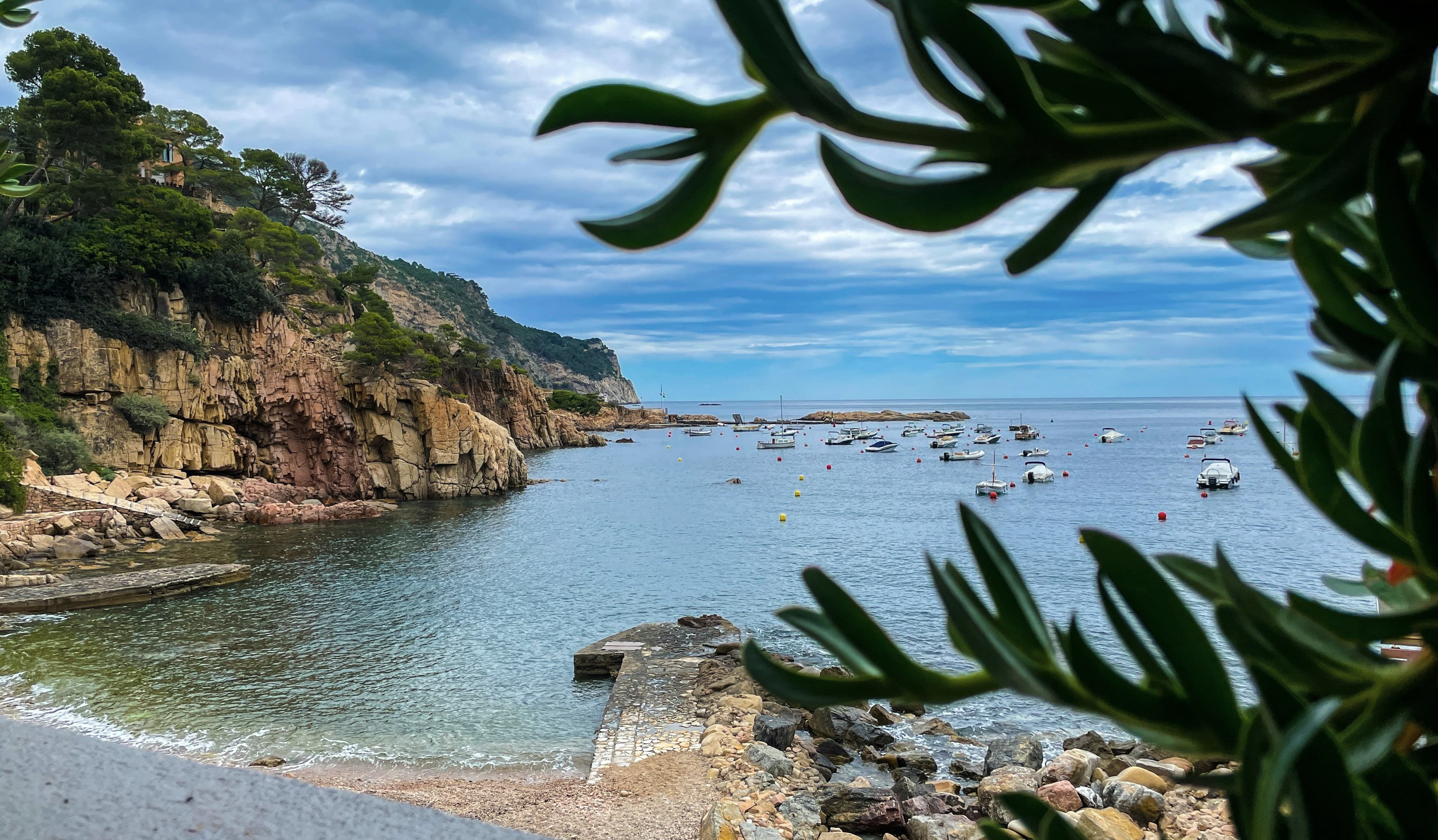 Una cala tranquila de la Costa Brava enmarcada por vegetación, con barcas fondeadas y acantilados al fondo